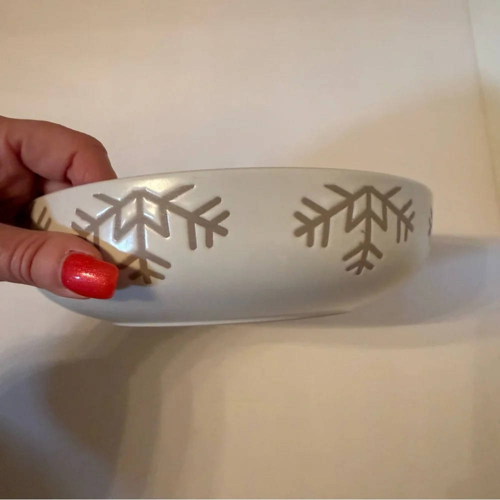 CRATE & BARREL WREN LOW BOWL WHITE MATTE NATURAL STONEWEAR SNOWFLAKE DESIGN HOME